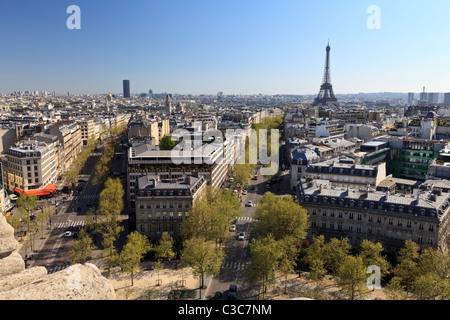 View from the top of the Arc de Triomphe looking towards the Eiffel Tower, Paris Stock Photo