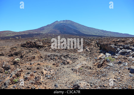 Volcanic desert at Tenerife Canary island. Blue sky, arid dry sand heat, rocky lava. Scenic geology formation landmark. Lunar landscape exploration. Stock Photo