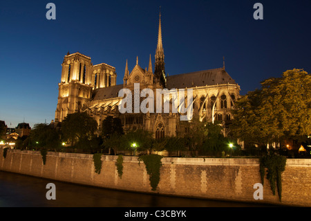 Notre Dame Cathedral, floodlit by night. A gothic masterpiece on the banks of the River Seine in the heart of the French capital. Paris, France. Stock Photo