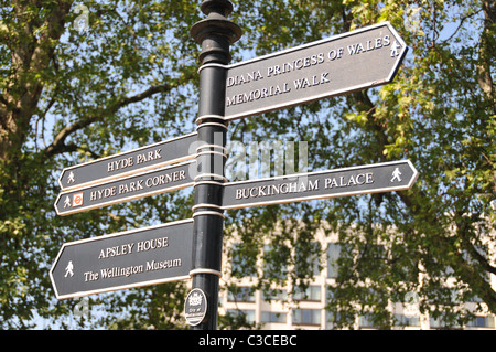 Visit London signs Buckingham Palace Hyde Park Diana Princess of Wales memorial walk Stock Photo