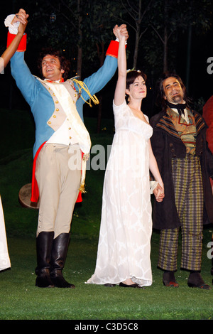Raul Esparza, Anne Hathaway, David Pittu Opening Night Curtain Call for 'Twelfth Night' at Shakespeare In The Park held at the Stock Photo
