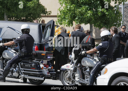 Ryan O'Neal and pallbearers carried Farrah Fawcett's coffin from the hearse. The funeral services for actress Farrah Fawcett at Stock Photo