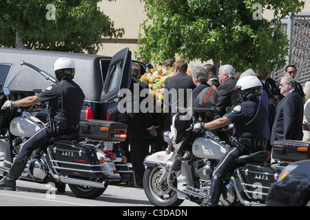 Ryan O'Neal and pallbearers carried Farrah Fawcett's coffin from the hearse. The funeral services for actress Farrah Fawcett at Stock Photo