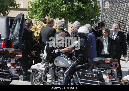 Ryan O'Neal and pallbearers carried Farrah Fawcett's coffin from the hearse. The funeral services for actress Farrah Fawcett at Stock Photo