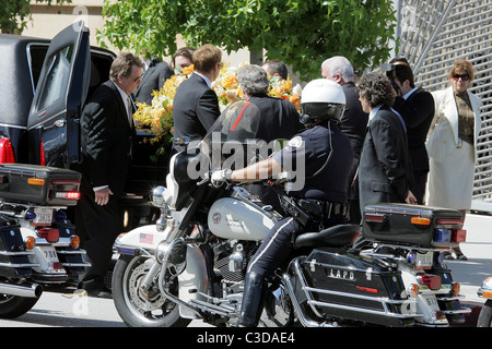 Ryan O'Neal and pallbearers carried Farrah Fawcett's coffin from the hearse. The funeral services for actress Farrah Fawcett at Stock Photo