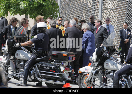 Ryan O'Neal and pallbearers carried Farrah Fawcett's coffin from the hearse. The funeral services for actress Farrah Fawcett at Stock Photo