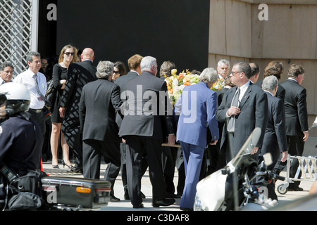 Ryan O'Neal and pallbearers carried Farrah Fawcett's coffin from the hearse. The funeral services for actress Farrah Fawcett at Stock Photo