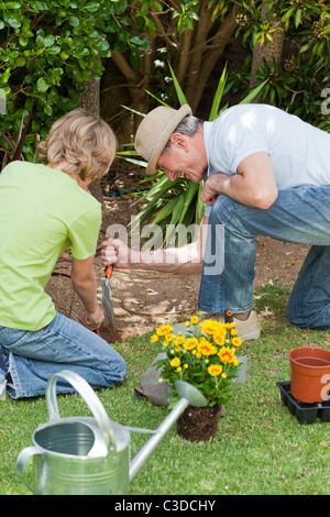 Grandfather with his grandson working in the garden Stock Photo