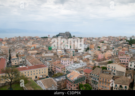 Corfu, Greece. October. View from The Venetian Fort across the rooftops to The Old Fort. Corfu Town. Stock Photo