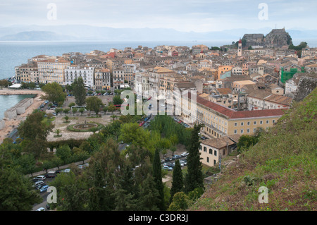 Corfu, Greece. October. Rooftops and park beside The Old Port. Corfu Town. Seen from The Venetian Fort. View to the Old Fort. Stock Photo