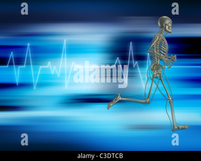 Running skeleton on a background showing heart rate Stock Photo