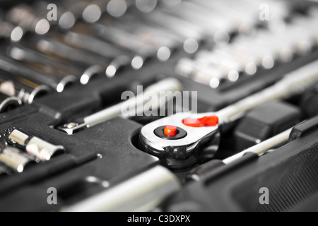Socket wrench set in case, close up. Stock Photo