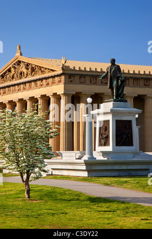 Statue of JW Thomas and Parthenon replica in Centennial Park, Nashville Tennessee USA Stock Photo