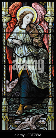 Stained glass window depicting an angel playing a rebec, Booton, Norfolk, England Stock Photo