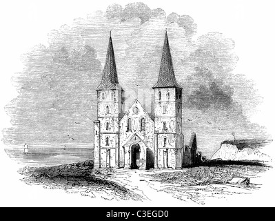 Ruins of the Ancient Church of Reculver, from an 1840s engraving Stock Photo