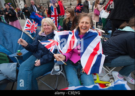 People camping out along the route of the Royal Wedding procession of Prince William and Kate Middleton, London 2011. Stock Photo