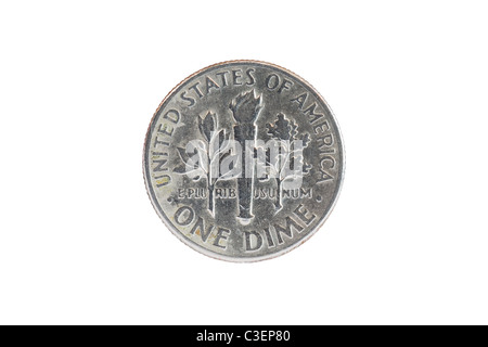 Reverse of a United States USA one Dime coin money  showing flaming torch plus olive and oak branches Stock Photo