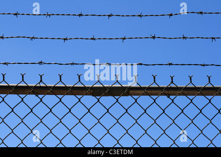 chain link and barbed wire fence top with blue sky background Stock Photo