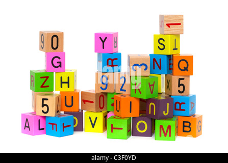 Wooden blocks with letters and numbers on white background Stock Photo