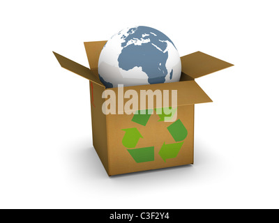 High resolution image with a fresh earth globe out of a cardboard box. Conceptual image for environment protection or recycling. Stock Photo