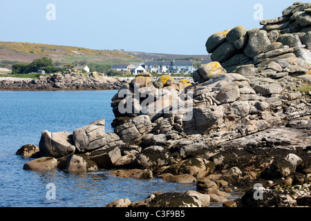 Hell Bay hotel from Great Popplestone Bay on Bryher in the Isles of Scilly Stock Photo