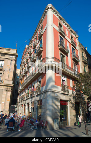 La Cava Universal cafe terrace at Placa del Portal de la Pau in Barri Gotic quarter Barcelona Catalunya Spain Europe Stock Photo