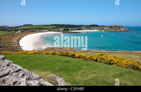 Looking from the Old Blockhouse castle walls across Green Porth to Old Grimsby harbour on Tresco Isles of Scilly Stock Photo