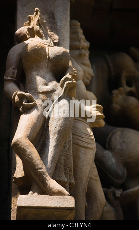 Sculpture detail of a temple, Khajuraho, Chhatarpur District, Madhya Pradesh, India Stock Photo