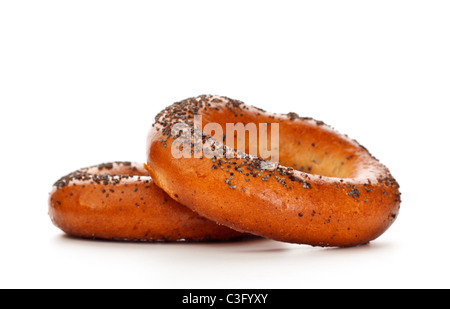 two bagels with poppy seeds isolated on white background Stock Photo