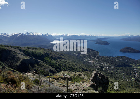 View of San Carols de Bariloche and Lake Nahuel Huapi, from Cerro Otto, Patagonia, Argentina, South America. Stock Photo