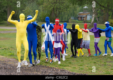 Morphsuit challenge at Drayton Manor Park, Tamworth, Staffordshire. Stock Photo