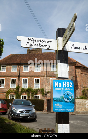 No HS2 protest notice on a signpost in Little Missenden Bucks UK Stock Photo