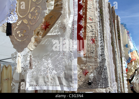 fabric embroidery tablecloths mediterranean in a row Stock Photo