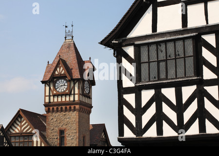 View showing detail of Ledbury Market House and old library clock tower,   Herefordshire, England, UK Stock Photo