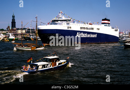RoRo vessel City of Hamburg taking Airbus A380 parts from the port of Hamburg to the port of Marseille. Stock Photo