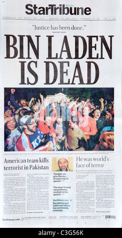 Osama bin Laden is Dead headline celebrating cheering White House front page StarTribune newspaper. Minneapolis Minnesota MN USA Stock Photo