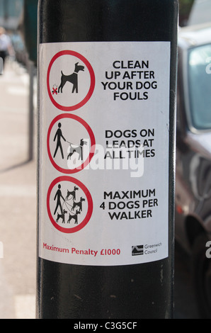 A warning sign to dog owners stuck on a lamp post in Woolwich town centre, East London, UK. Stock Photo