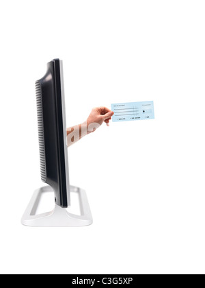 A LCD TV monitor with a hand pretruding isolated against a white background Stock Photo