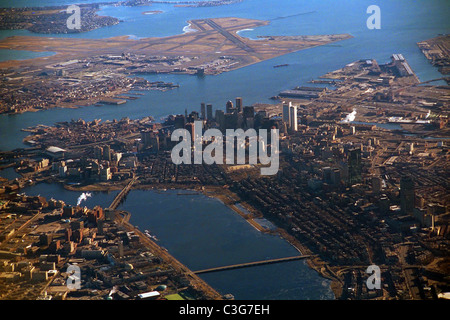 Aerial view of downtown Boston, Back Bay, the Charles River, Beacon Hill, Cambridge, and Logan Airport taken January 1995 Stock Photo