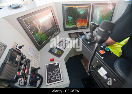 the bridge of a supply vessel for the Walney offshore wind farm, Cumbria, UK. Stock Photo