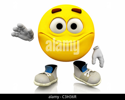 Smiley, Emoticon. Facial expression. Smile, friendly emotional expression on a yellow face with large eyes with shoes. Stock Photo