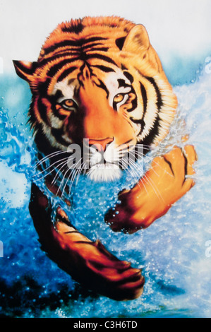 Bengal Tiger running on beach - Oil painting Stock Photo