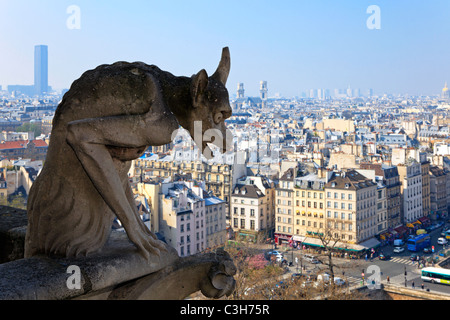 Famous chimera of Notre-Dame overlooking Paris. View from the top of Notre-Dame de Paris, France. Stock Photo