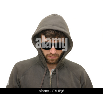 Mysertious man in hood and dark shades Stock Photo