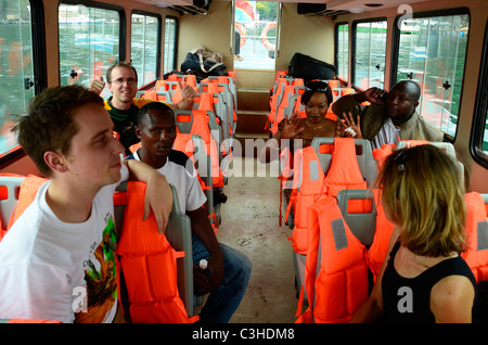 Transport in high speed boat on Lake Kivu between Rwanda and Democratic Republic of Congo, Africa -- from Goma to Bukavu Stock Photo