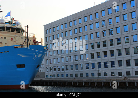 Mærsk  headquarters in Copenhagen with a tanker Stock Photo