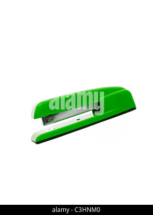 Green stapler on white background Stock Photo