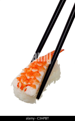 Chopsticks holding Ebi Nigiri sushi isolated on white background Stock Photo