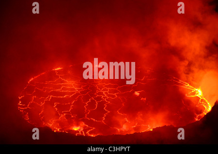 Lava lake in Nyiragongo active volcano, Virunga National Park, near Goma on Lake Kivu in Democratic Republic of Congo. Stock Photo