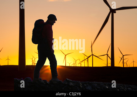 Dawn over Whitlee wind farm on Eaglesham Moor just south of Glasgow in Scotland, UK, Stock Photo